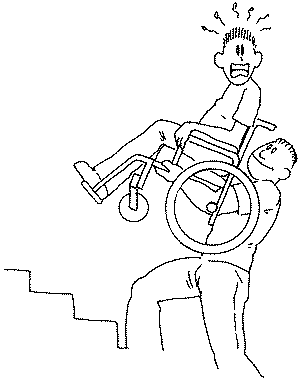 Hulk portant un fauteuil roulant et son passager pour monter des marches