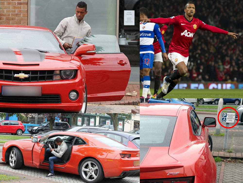 Nani, joueur de football grassement paye a Manchester United, n'a pas honte de parquer sa grosse voiture sur une place reservee aux personnes handicapees... Une Honte !!